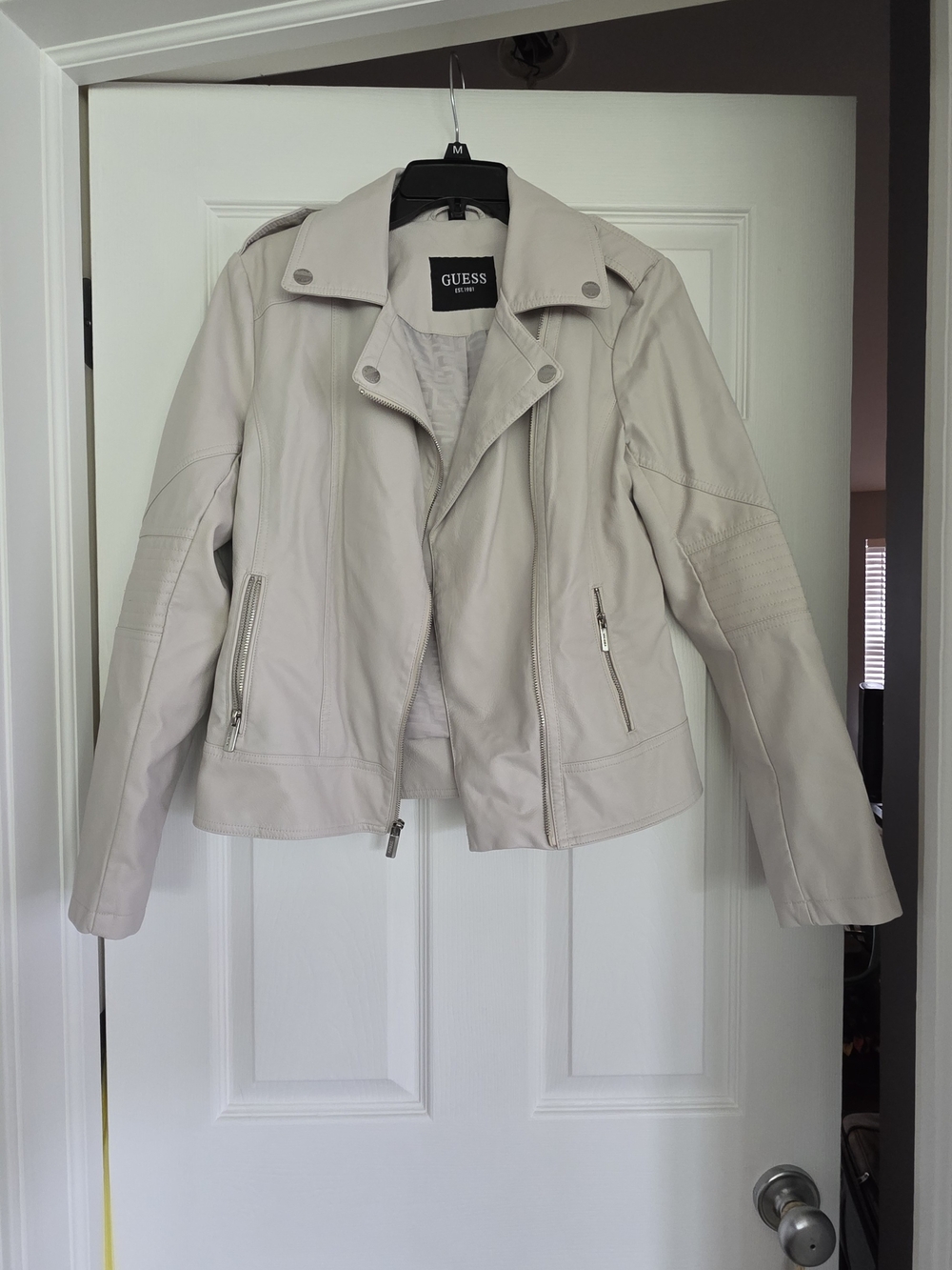 GUESS Cream "Leather" Moto Jacket with Zip Pockets